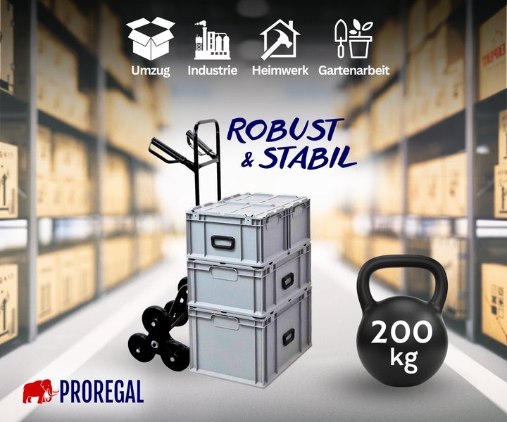 Proregal Treppensteiger Sackkarre mit drei Stapelboxen, belastbar bis 200 Kilogramm. Für Umzug, Industrie, Heimwerken und Garten. Proregal Logo.