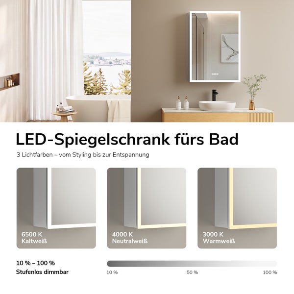LED Spiegelschrank für das Badezimmer mit einstellbarer Lichtfarbe von Kaltweiß bis Warmweiß und stufenloser Dimmfunktion von 10 bis 100 Prozent.