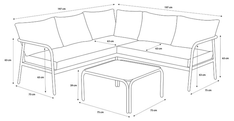 Maßzeichnung eines Garten-Lounge-Sets mit Ecksofa 197 mal 197 Zentimeter und quadratischem Tisch 75 mal 75 Zentimeter.