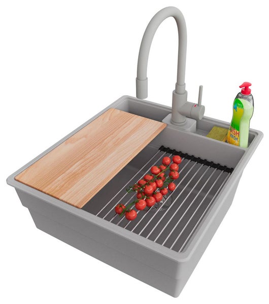 Spüle mit Abtropfgitter, Schneidebrett, Armatur und Spülmittel