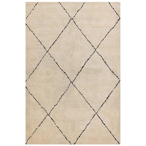 Beige-schwarzer Hochflor-Teppich mit großem Rautenmuster und weicher Struktur.