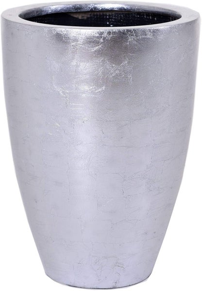 Pflanzgefäß in Silber mit strukturierter Oberfläche und konischer Form.