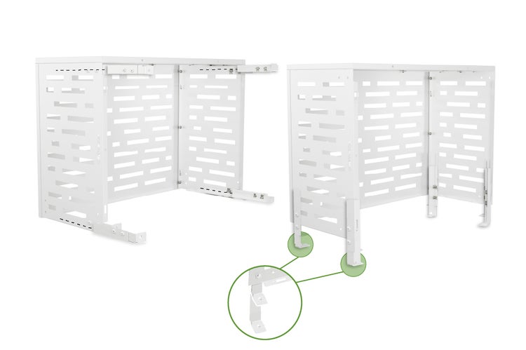 Weiße Klimaanlagenschutz-Verkleidung aus Metall mit Lamellen, dargestellt für Wand- und Bodenmontage mit Detailansicht der Standfüße.