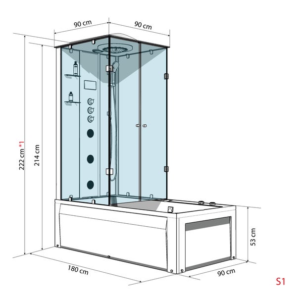 Duschwanne-Kombination mit Glaswänden, Regendusche, Handbrause, Massagedüsen und Armaturenpanel auf weißer Badewanne.