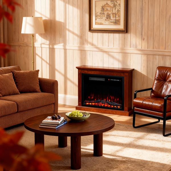 Wohnzimmer mit braunem Sofa, Sessel, Couchtisch und Elektrokamin