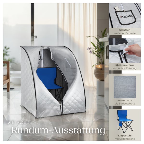 Komplett ausgestattete Sauna mit Klappstuhl, Innenmatte und Aufbewahrungsfach.