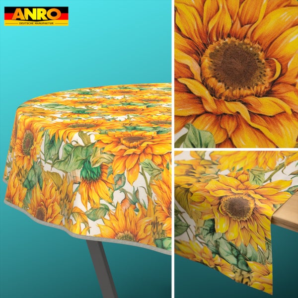 Abwischbare Tischdecke mit Sonnenblumenmuster und Nahaufnahme der Textur, ANRO Logo.
