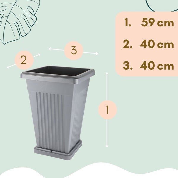 Abbildung eines Pflanzgefäßes mit Maßangaben: Höhe 59 cm, Breite und Tiefe jeweils 40 cm.