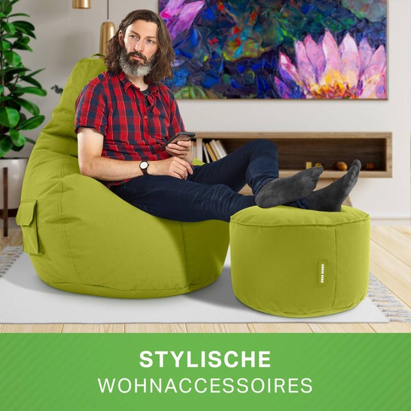 Green Bean 2er Set Sitzsack + Hocker - fertig befüllt - robust waschbar schmutzabweisend - Kinder & Erwachsene Bean Bag Bodenkissen Lounge Sitzhocker Relax-Sessel Gamer Gamingstuhl Pouf - Grün