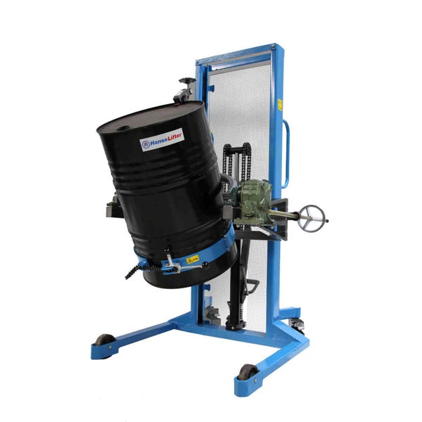 HanseLifter Fasslifter zum Heben und Kippen von Fässern, stabile Metallkonstruktion mit schwarzem Metallfass.