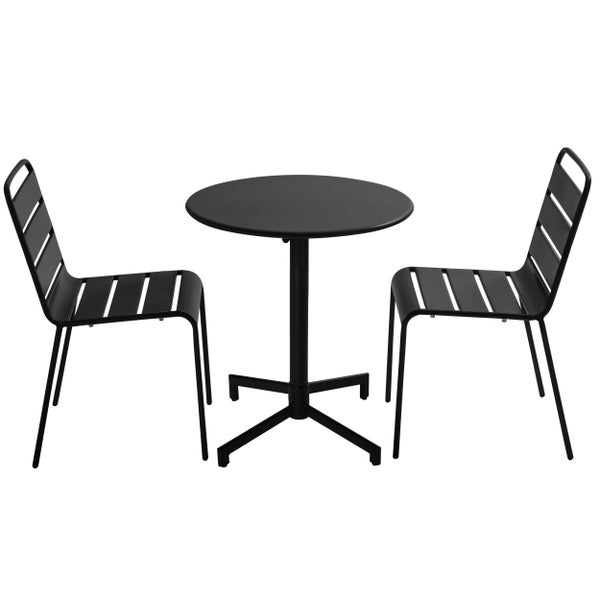 Schwarze Bistrositzgruppe aus Metall bestehend aus einem runden Tisch und zwei Stühlen mit Lattendesign.