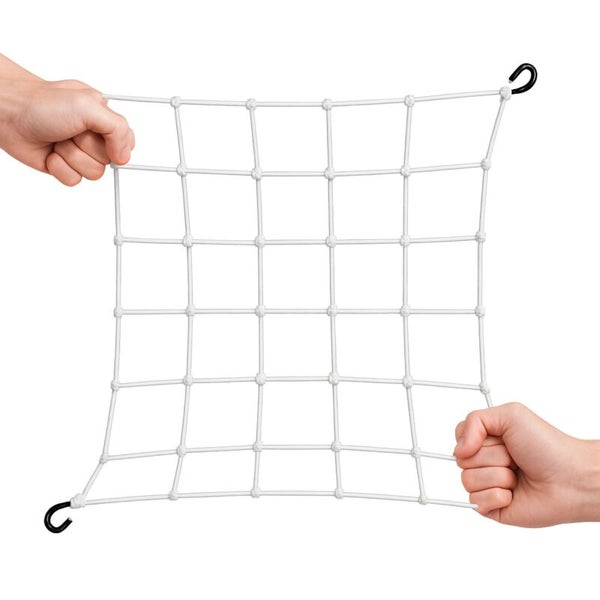 Weißes Gepäcknetz mit Händen und Haken