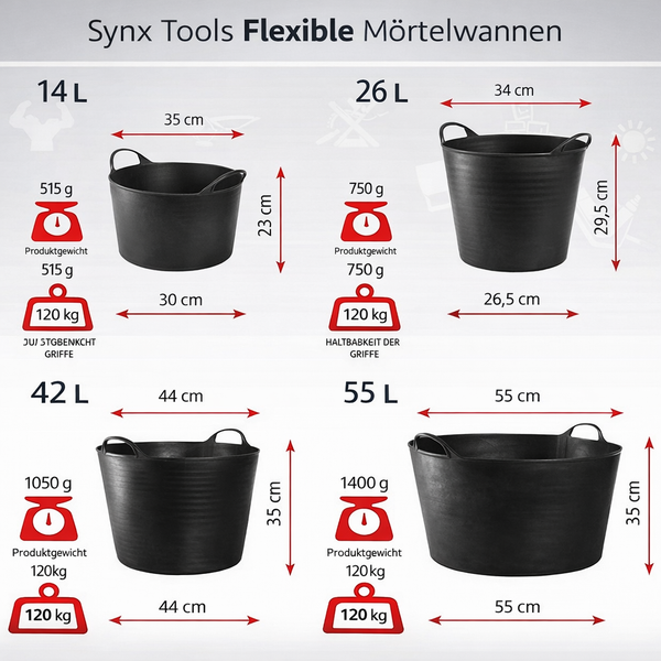 Synx Tools Flexible Mörtelwannen in verschiedenen Größen mit Maßangaben