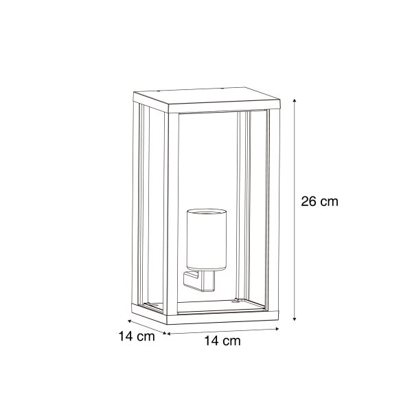 Technische Zeichnung einer rechteckigen Außenwandleuchte mit Abmessungen: Höhe 26 Zentimeter, Breite 14 Zentimeter und Tiefe 14 Zentimeter.