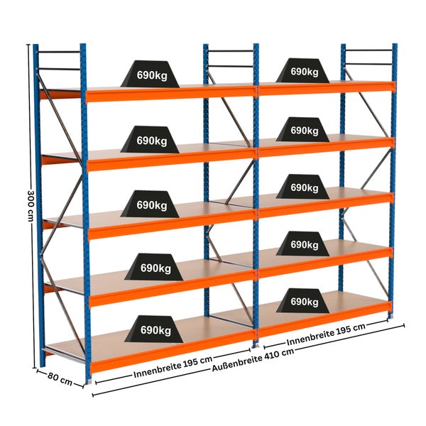 Regal mit vier Ebenen und Gewichtsangaben