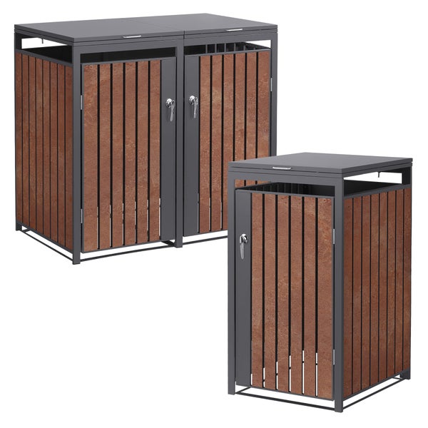 Mülltonnenboxen aus Metall und Holzoptik in Anthrazit und Rostbraun, Set aus einer Einzelbox und einer Doppelbox, abschließbar.