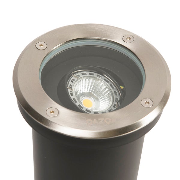 Runder Bodeneinbaustrahler aus Edelstahl mit sichtbarem LED-Leuchtmittel unter einer Glasabdeckung.