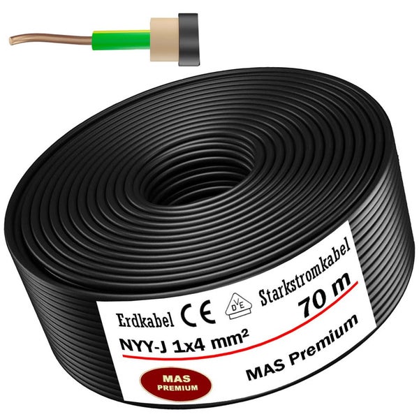 Erdkabel NYY-J 1 mal 4 Quadratmillimeter MAS Premium, Starkstromkabel, 70 Meter Ring, VDE und CE zertifiziert, MAS Premium Logo
