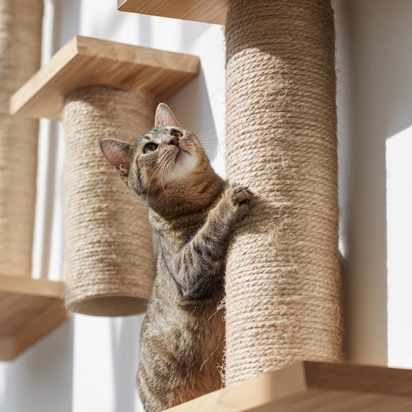 Eine Katze klettert an einem wandmontierten Kratzbaum mit Holzelementen und Sisalsäulen in einem hellen Raum.