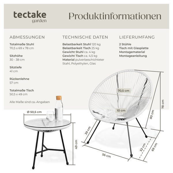 2 Gartenstühle Santana mit Tisch tectake  Belastbarkeit Stuhl 120 kg Retro-Design im Acapulco-Stil weiß