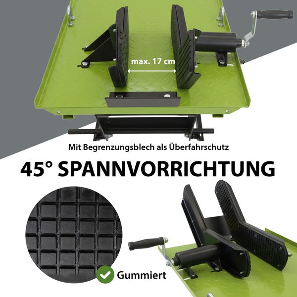 45 Grad Spannvorrichtung mit Gummierung und einem maximalen Abstand von 17 Zentimetern.