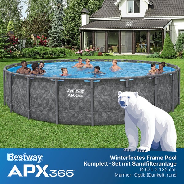 Bestway Logo. Menschen baden im winterfesten Bestway APX365 Pool mit Sandfilteranlage, dunkelgraue Marmor-Optik, Durchmesser 671 mal 132 Zentimeter.