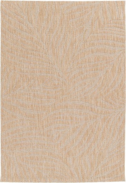 Flachgewebe-Teppich mit gewebtem Blattmuster, beige, für Innen- und Außenbereich.