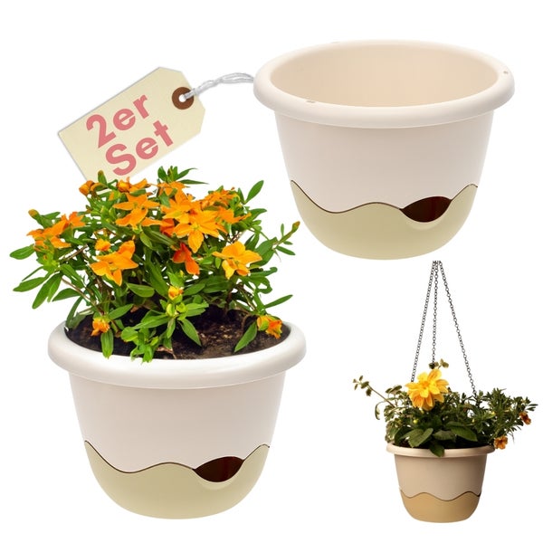 Zweiteiliges Set Blumenampeln in Creme, runde Form mit Bewässerungssystem, inklusive einer bepflanzten Ampel mit orangefarbenen Blüten.