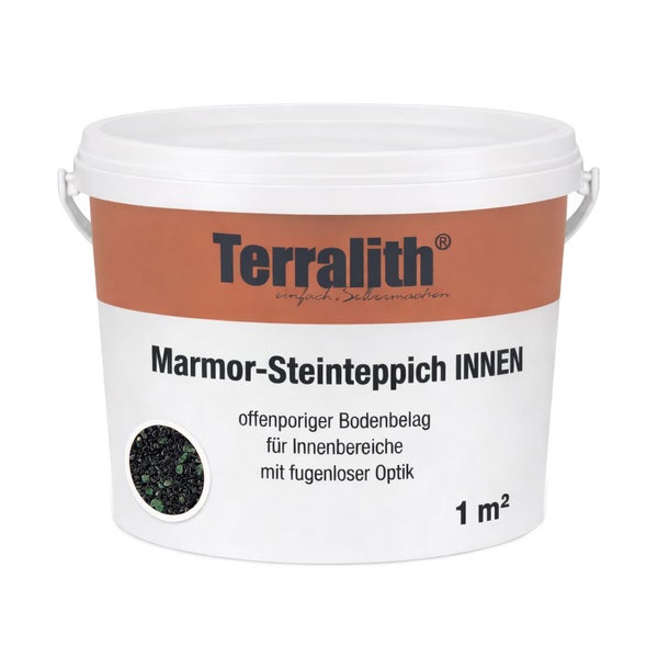 Terralith Marmor-Steinteppich für den Innenbereich, offenporiger Bodenbelag mit schwarzen Steinen für 1 Quadratmeter.