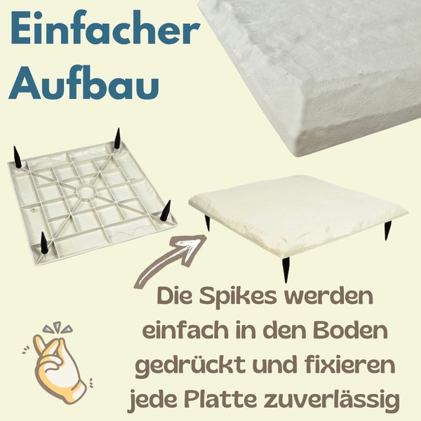 Gartenplatte mit Erdspießen zur einfachen Fixierung im Boden, Unterseite mit stabilisierendem Gitter und Spikes.
