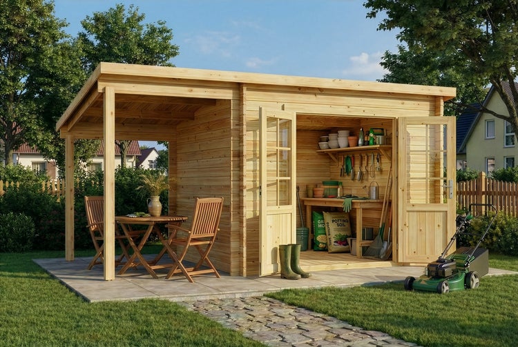Gartenhaus aus hellem Holz mit Pultdach, Doppeltür und seitlicher Überdachung. Mit Sitzgruppe aus Holz und Gartengeräten im Innenraum.
