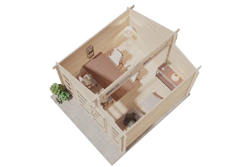 Dachaufsicht eines Gartenhauses mit Möbeln