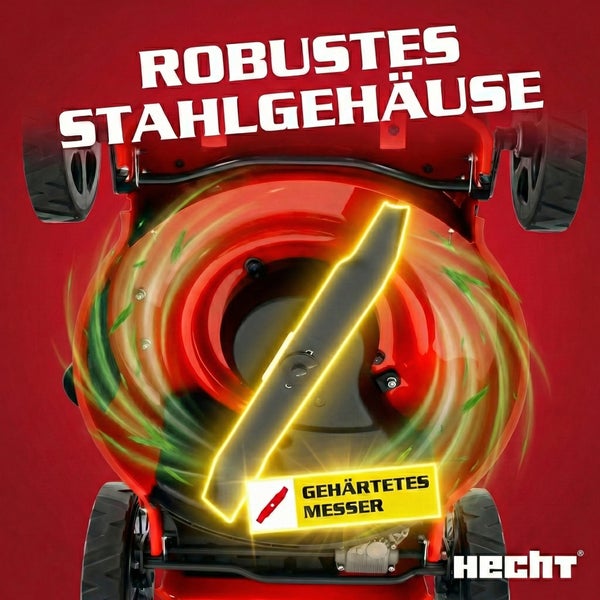 Ansicht von unten eines Rasenmähers mit robustem Stahlgehäuse und gehärtetem Messer. Hecht Logo