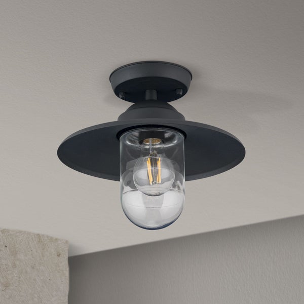 Schwarze Deckenleuchte im Industriestil mit klarem Glas und sichtbarem LED-Leuchtmittel für den Außenbereich.