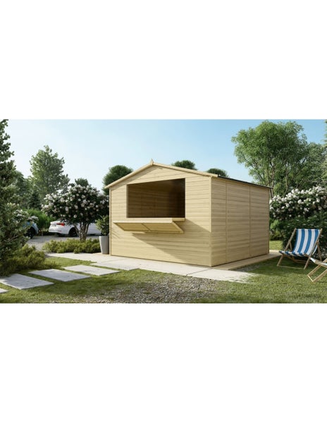 Verkaufsstand aus Holz in einem Garten mit Satteldach und großer Verkaufsöffnung inklusive Theke.
