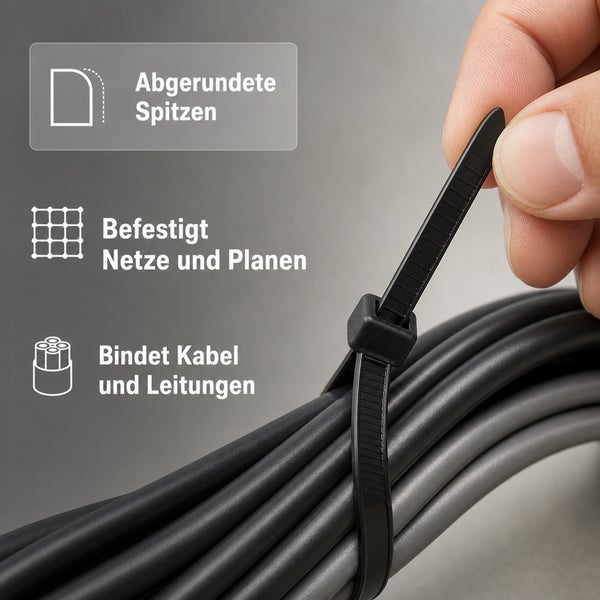 Hand hält einen Kabelbinder mit abgerundeten Spitzen, der zum Binden von Kabeln sowie zum Befestigen von Netzen und Planen verwendet wird.