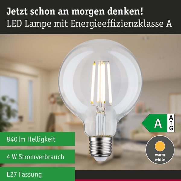 LED-Globelampe mit E27-Fassung, 840 Lumen Helligkeit, 4 Watt Stromverbrauch, warmweißes Licht und Energieeffizienzklasse A.
