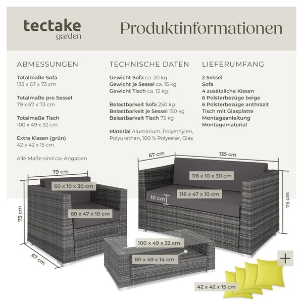 Rattan Lounge tectake München mit Sicherheitsglasplatte mit Aluminiumgestell grau