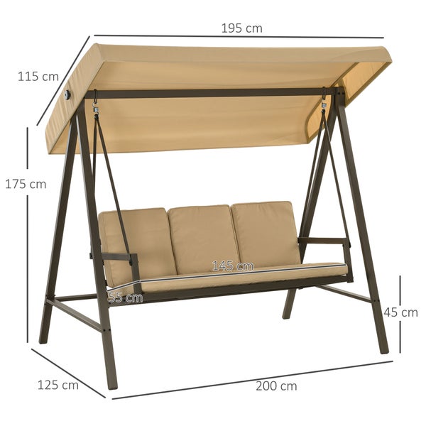 Outsunny Hollywoodschaukel, 3-Sitzer Gartenschaukel mit Verstellbarem Dach, bis 360 kg Belastbar, 200 x 125 x 175 cm, Polyester, Netzstoff, Beige