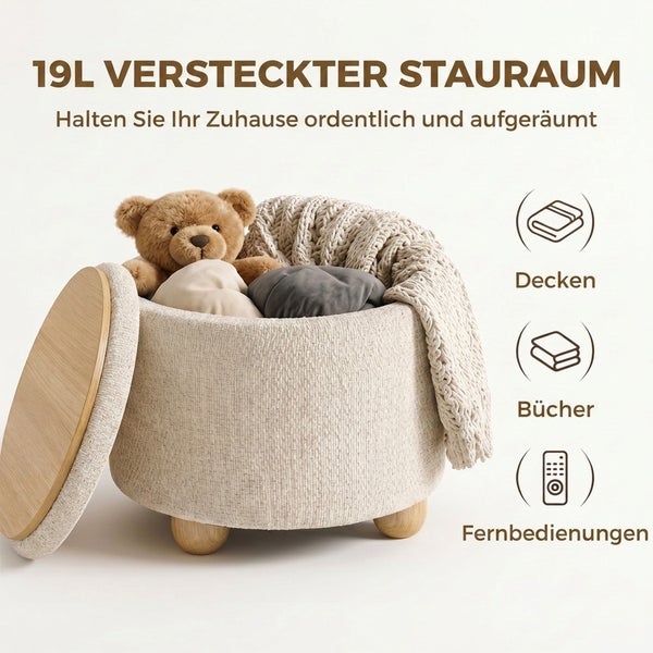 Runder Aufbewahrungshocker mit 19 Litern Stauraum, Holzfüßen und abnehmbarem Deckel als Ablage für Decken, Bücher und Fernbedienungen.