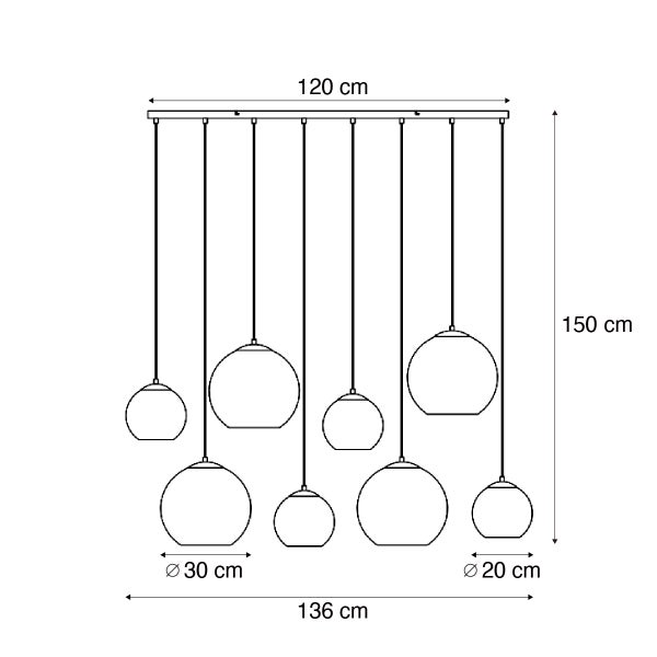 Technische Zeichnung einer Hängelampe mit neun Leuchten, Höhe 150 cm, Breite 136 cm