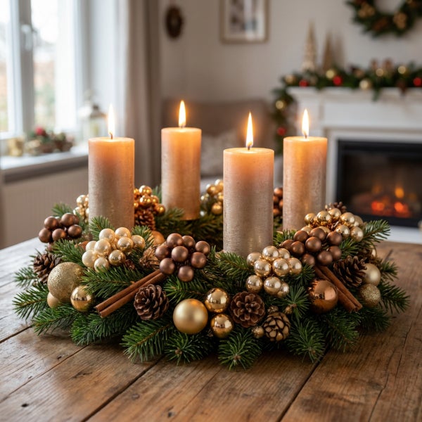 Adventskranz mit vier brennenden Kerzen dekoriert mit Tannenzweigen, Zapfen, Zimtstangen und Weihnachtskugeln auf einem Holztisch.