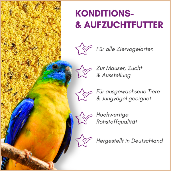 Konditions- und Aufzuchtfutter für Ziervögel mit Detailinformationen zur Anwendung, geeignet für Mauser, Zucht, Ausstellung und Jungvögel.