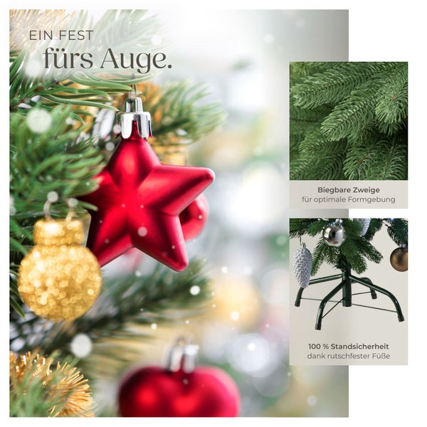 Künstlicher Weihnachtsbaum mit biegbaren Zweigen und rutschfestem Metallständer für hohe Standsicherheit, dekoriert mit weihnachtlichem Schmuck.