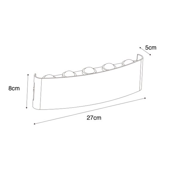 Maßzeichnung einer gebogenen Wandleuchte mit fünf Leuchtmitteln: Breite 27 Zentimeter, Höhe 8 Zentimeter, Tiefe 5 Zentimeter.