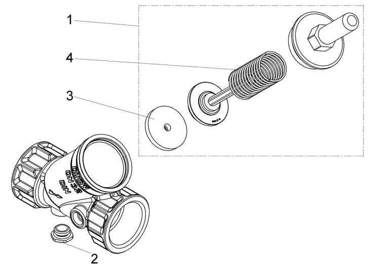 Explosionszeichnung einer Armatur mit Nennweite 32 nach DIN-Norm, bestehend aus Gehäuse, Feder, Dichtung und Verschlusskappe.