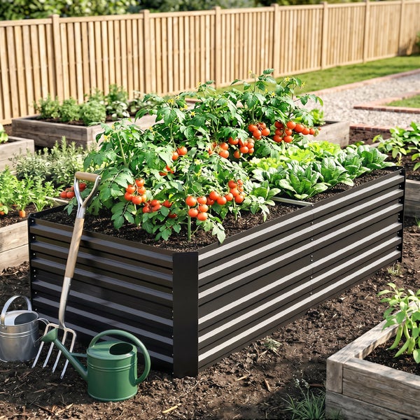 Schwarzes Hochbeet aus Wellblech im hellen Garten, bepflanzt mit Tomaten und Salat, davor stehen eine Grabgabel und zwei Gießkannen.