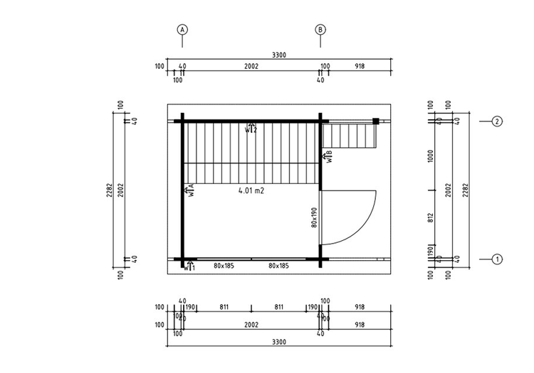 Technische Zeichnung mit Grundriss eines Gartenhauses mit einer Grundfläche von vier Komma null eins Quadratmetern und Maßangaben.