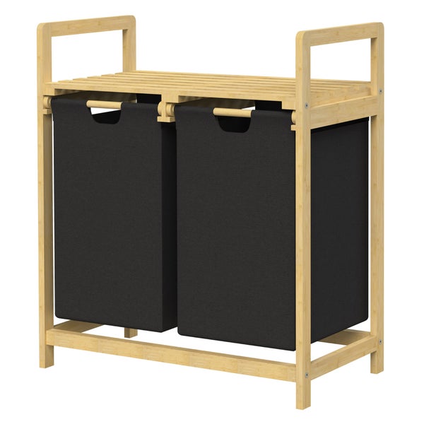 ML-Design Wäschekorb aus Bambus, Schwarz, Wäschebox mit 2 Fächern, Wäschesammler mit 2 ausziehbaren Wäschesäcken 60 L, Wäschetruhe mit Ablage, Wäschesortierer für Badezimmer, Wäschetonne mit Regal