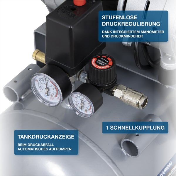 Detailansicht eines Kompressors mit Manometer, Druckregler und Schnellkupplung